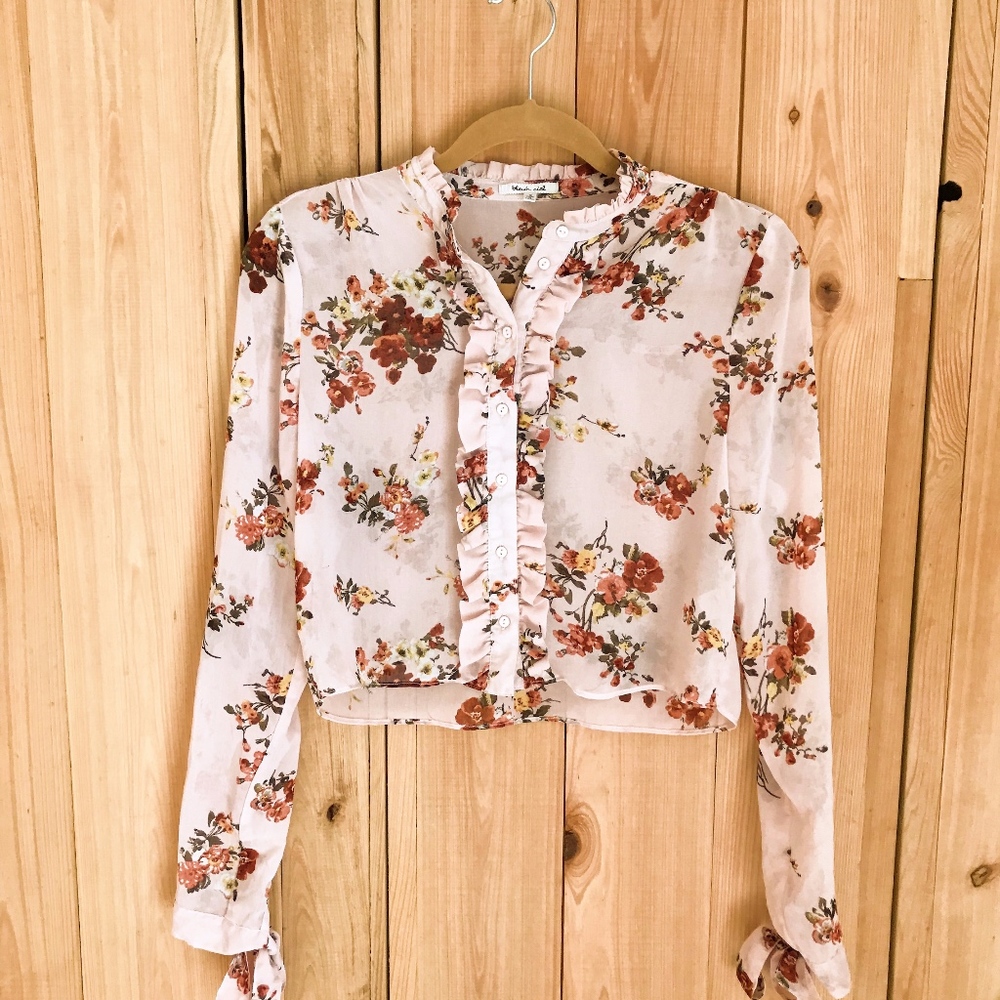 S Floral Bleuh Ciel Ruffled Button-Down Blouse